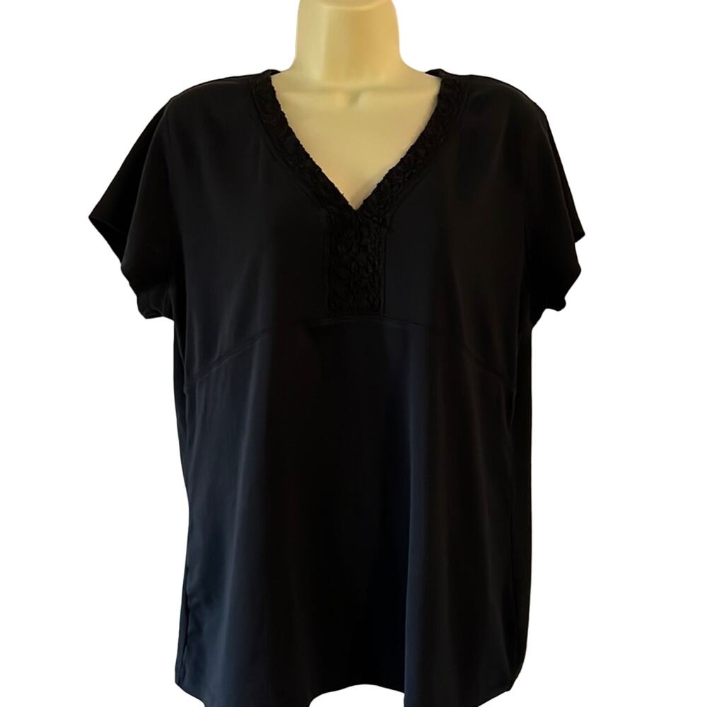 Faded Glory 2X Black Knit Top Lace Trim V-Neck Casual